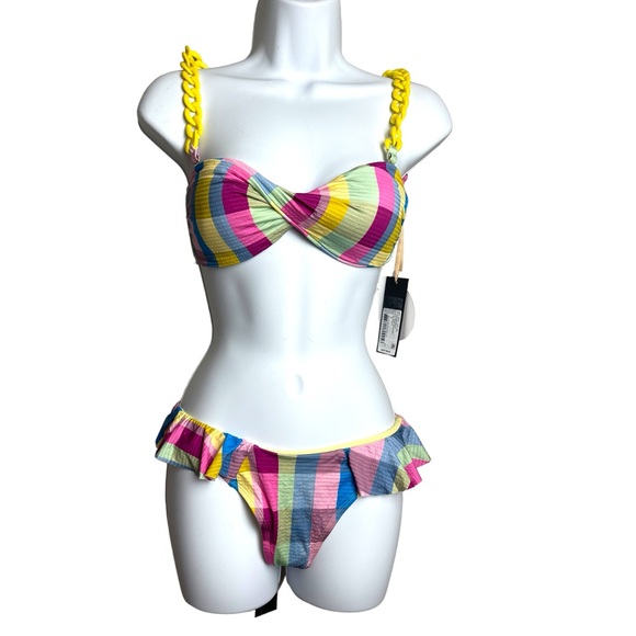 ☀️☀️☀️ Gianni Bini x Jess Southern Plaid Bikini Chain Top and Ruffle Bottom - Picture 2 of 3